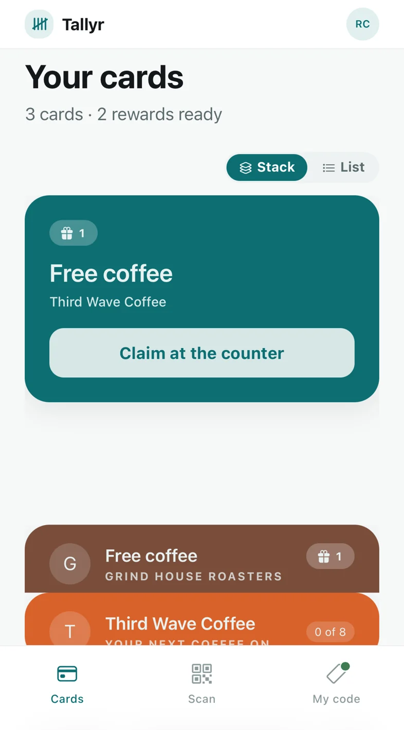 A customer's cards in Tallyr, with two rewards ready