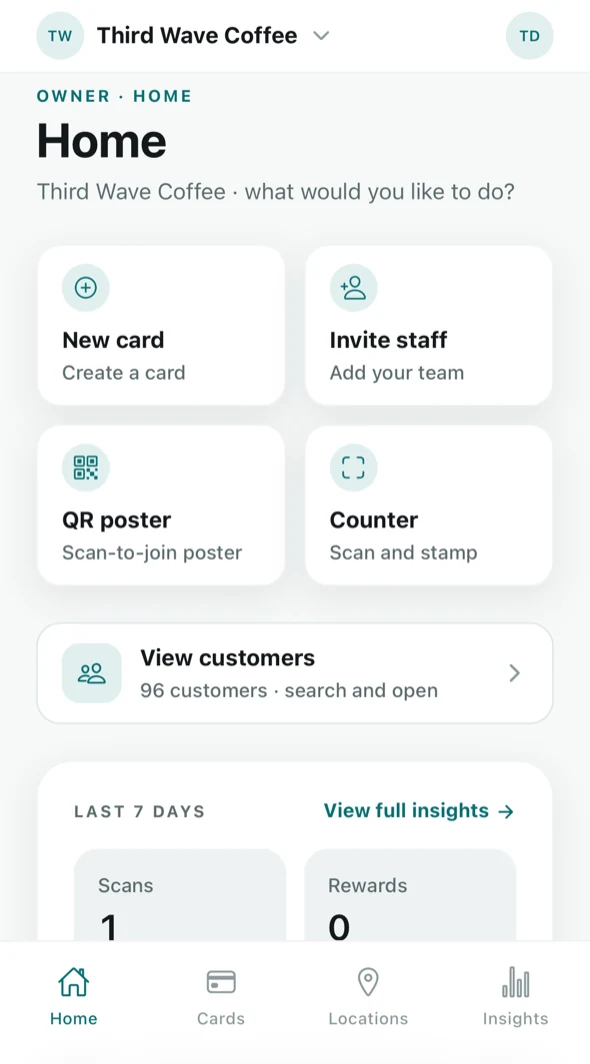 The owner's Home screen in Tallyr