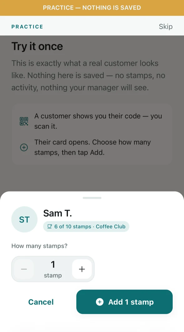 Adding a stamp at the counter, in the practice run