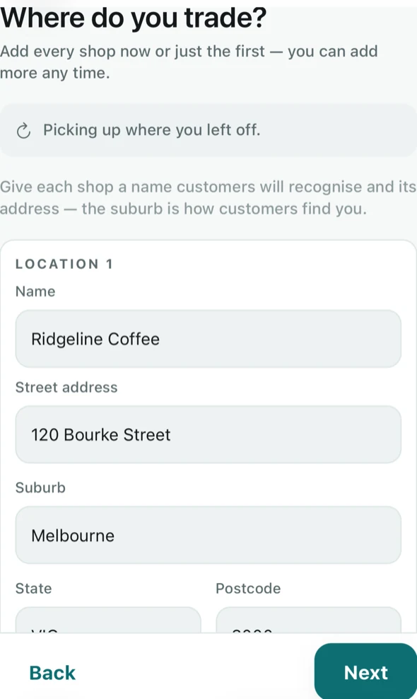 Step 2 of 4 — your first location.