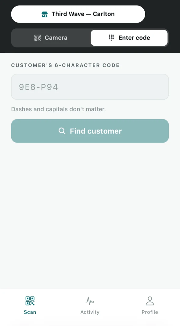 The counter's Enter code tab