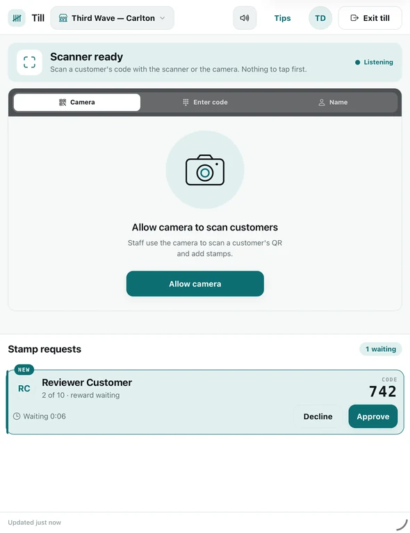 The till on an iPad held upright: the counter on top, a customer’s request waiting below.